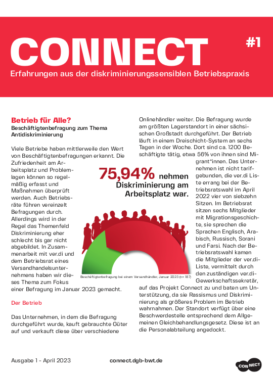 Connect will in unregelmäßigen Abständen über Erfahrungen aus der diskriminierungssensiblen Betriebspraxis berichten. Dabei geht es nicht um detaillierte Auseinandersetzungen mit einem Thema, sondern darum, ein Gefühl für Handlungsmöglichkeiten, Hürden und Problemlagen zu bekommen. Wenn ihr Unterstützung benötigt oder weitere Informationen zu unseren Berichten haben möchtet, könnt ihr euch gerne unter connect@dgb-bwt.de an uns wenden.