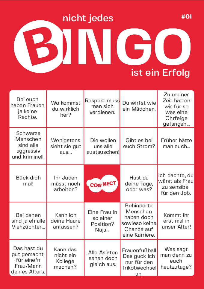 In unserer Gesellschaft sind wir immer wieder mit Vorurteilen und Stereotypen konfrontiert, die Menschen aufgrund ihrer Herkunft, ihres Geschlechts, ihrer sexuellen Orientierung oder anderer Merkmale benachteiligen. Dieses Bingo zielt darauf ab, sich mit diskriminierenden Aussagen auseinander zu setzen und die eigene Argumentationsfähigkeit gegen diese zu verbessern. Das Ziel ist es, nicht nur die negativen Auswirkungen solcher Aussagen zu erkennen, sondern auch effektive Gegenargumente zu entwickeln und die Fähigkeit zu stärken, für Gleichberechtigung und Respekt einzustehen.